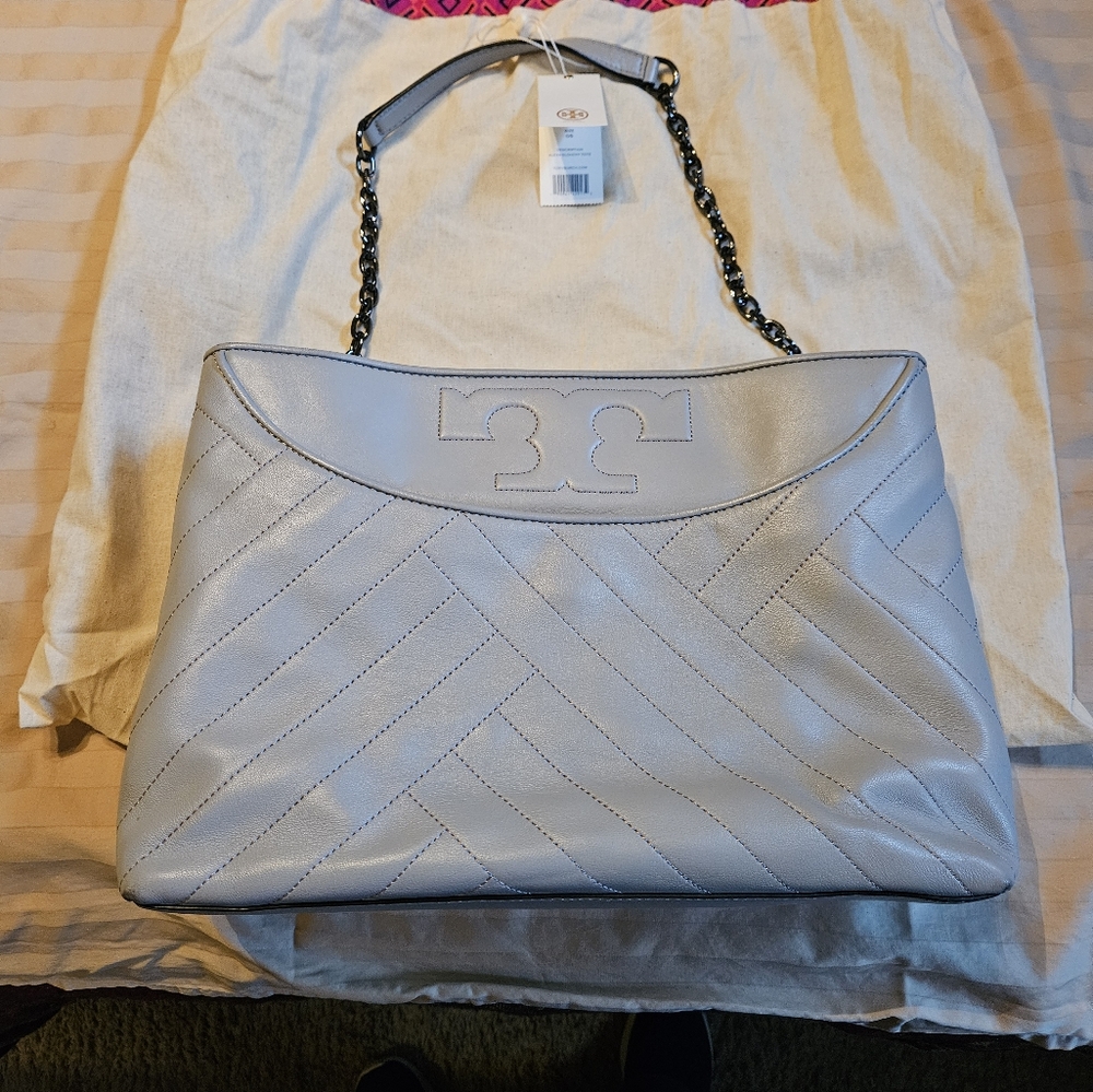 Tory Burch Alexa Quilted Slouchy Leather medium tote in concrete color